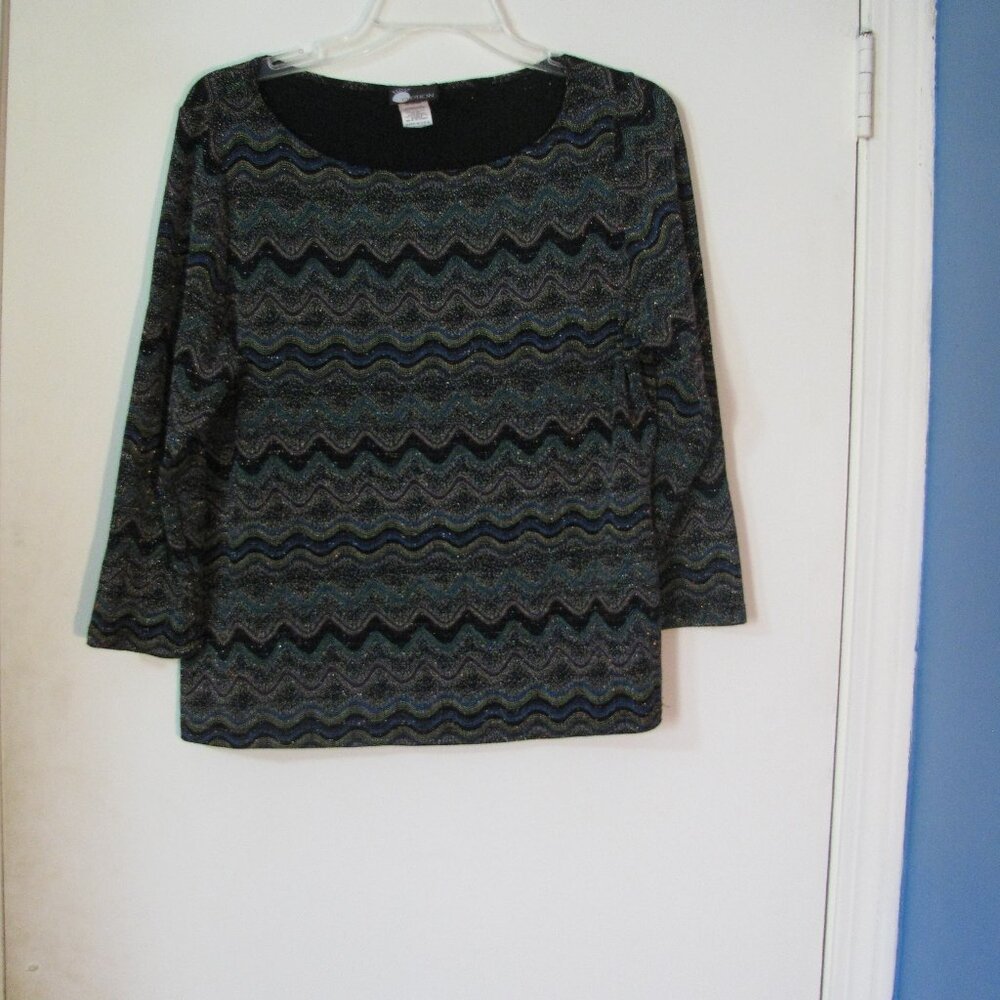 * First Option Blouse Large Greens Blues Glitter Metallic Threads
